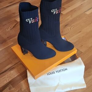 Louis Vuitton Navy Knit Sock Booties with Multicolor Logo